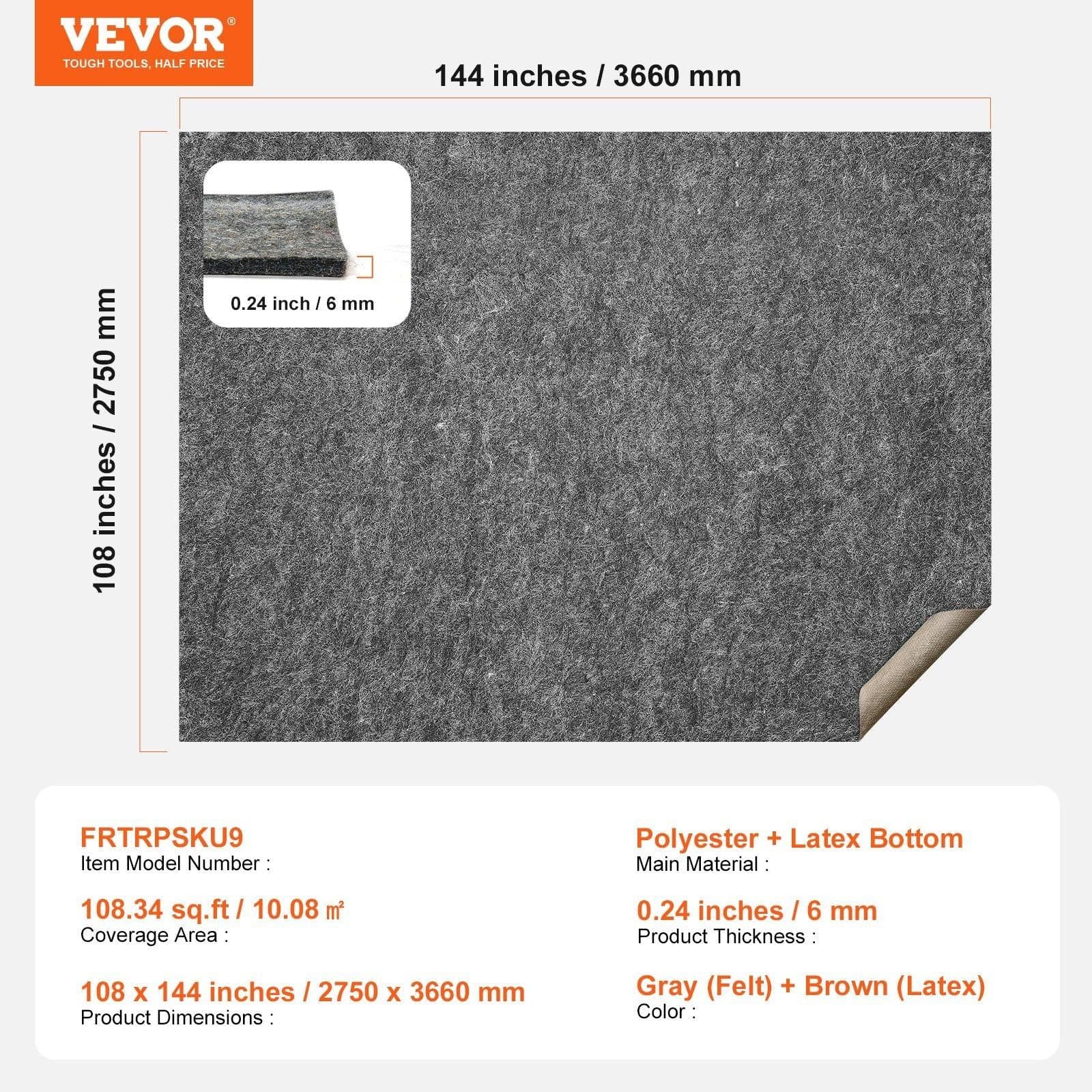 image-VEVOR - Slip-Resistant Rug Pad - Protective Cushioning Carpet Pad - 9' x 12' - 1/4"Thick - Dual Surface - Polyester Felt + Latex - Gray - 10-11㎡ Area Carpet Padding Rug Cushion Safe for All Floors