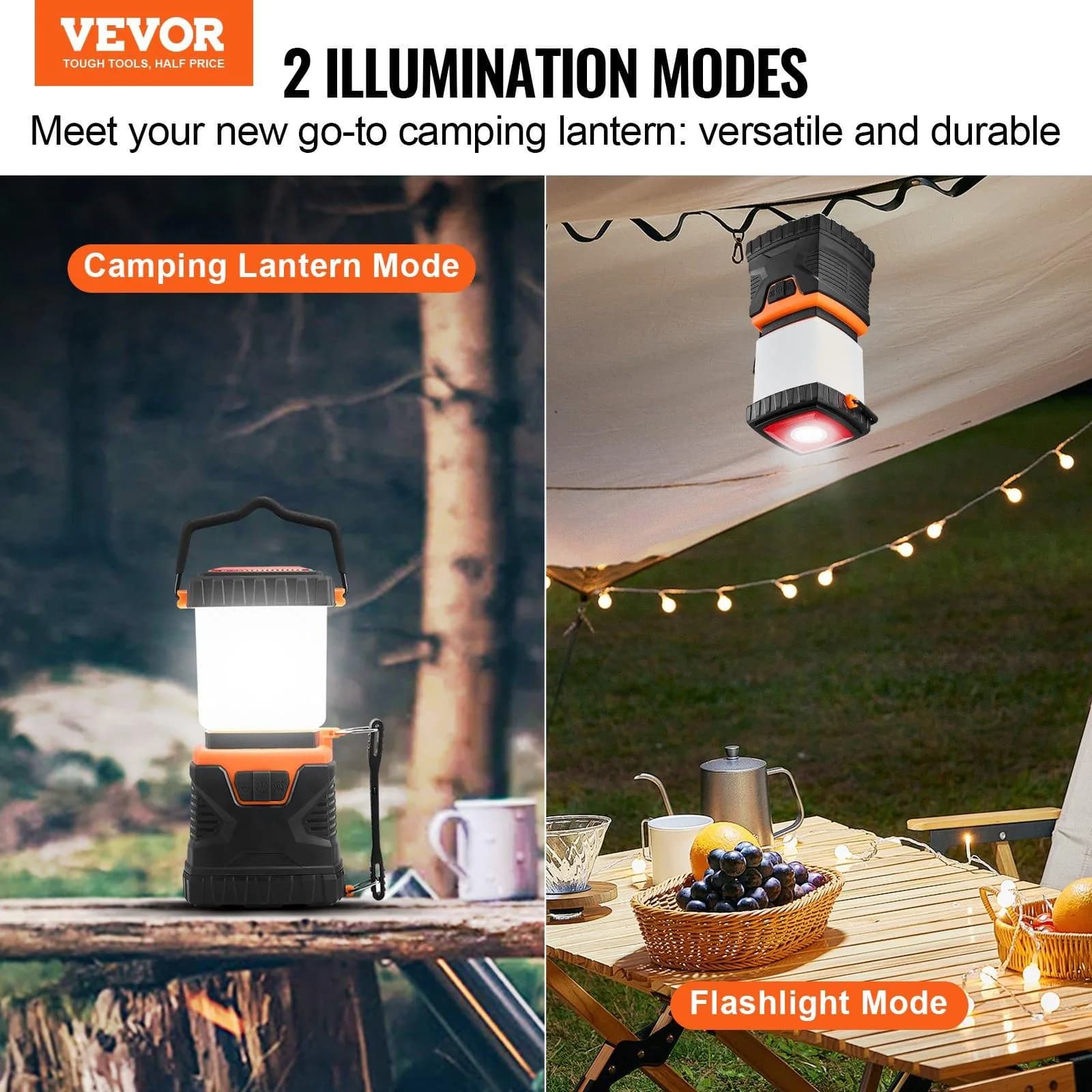 image-VEVOR LED Camping Lantern, All-in-one, 1000LM, 360° Illumination, 4 Lighting Modes, Battery Powered Light, Outdoor Robust Flashlight, Built to Last Light, Ideal for Hiking Fishing Outages Repairs