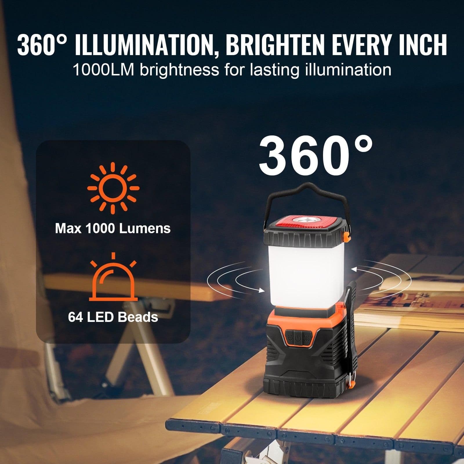 image-VEVOR LED Camping Lantern, All-in-one, 1000LM, 360° Illumination, 4 Lighting Modes, Battery Powered Light, Outdoor Robust Flashlight, Built to Last Light, Ideal for Hiking Fishing Outages Repairs