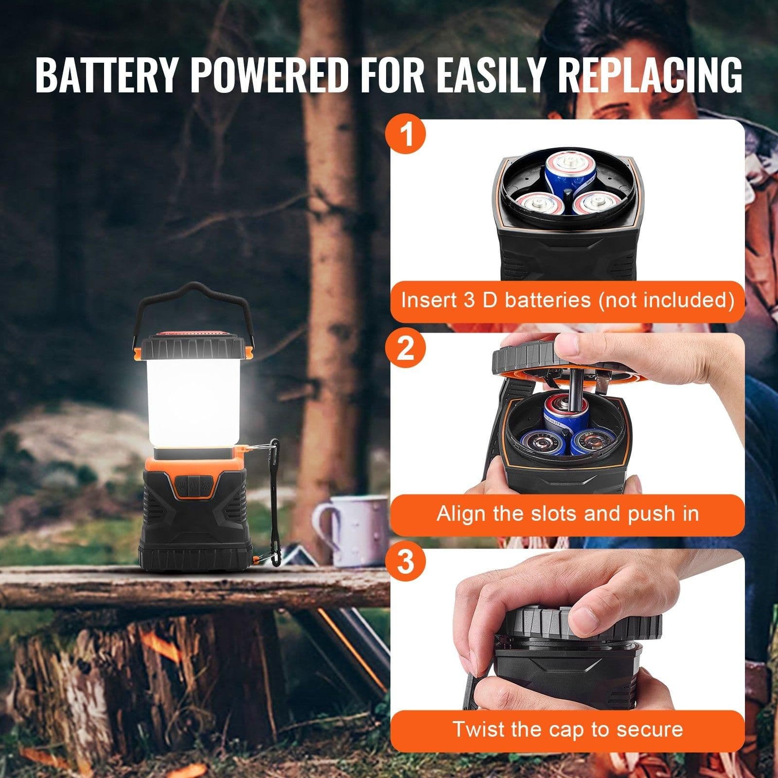 image-VEVOR LED Camping Lantern, All-in-one, 1000LM, 360° Illumination, 4 Lighting Modes, Battery Powered Light, Outdoor Robust Flashlight, Built to Last Light, Ideal for Hiking Fishing Outages Repairs