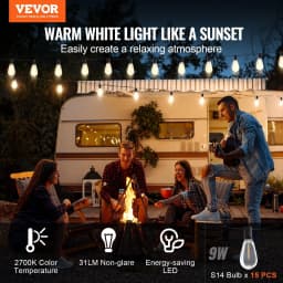 image-VEVOR LED Outdoor String Lights, 50FT, 2700K Dimmable Outside Patio Lights with 15 S14 Shatterproof Bulbs E12 Socket Base, Waterproof Hanging Lights for Porch Backyard Garden Balcony Deck Party Decor