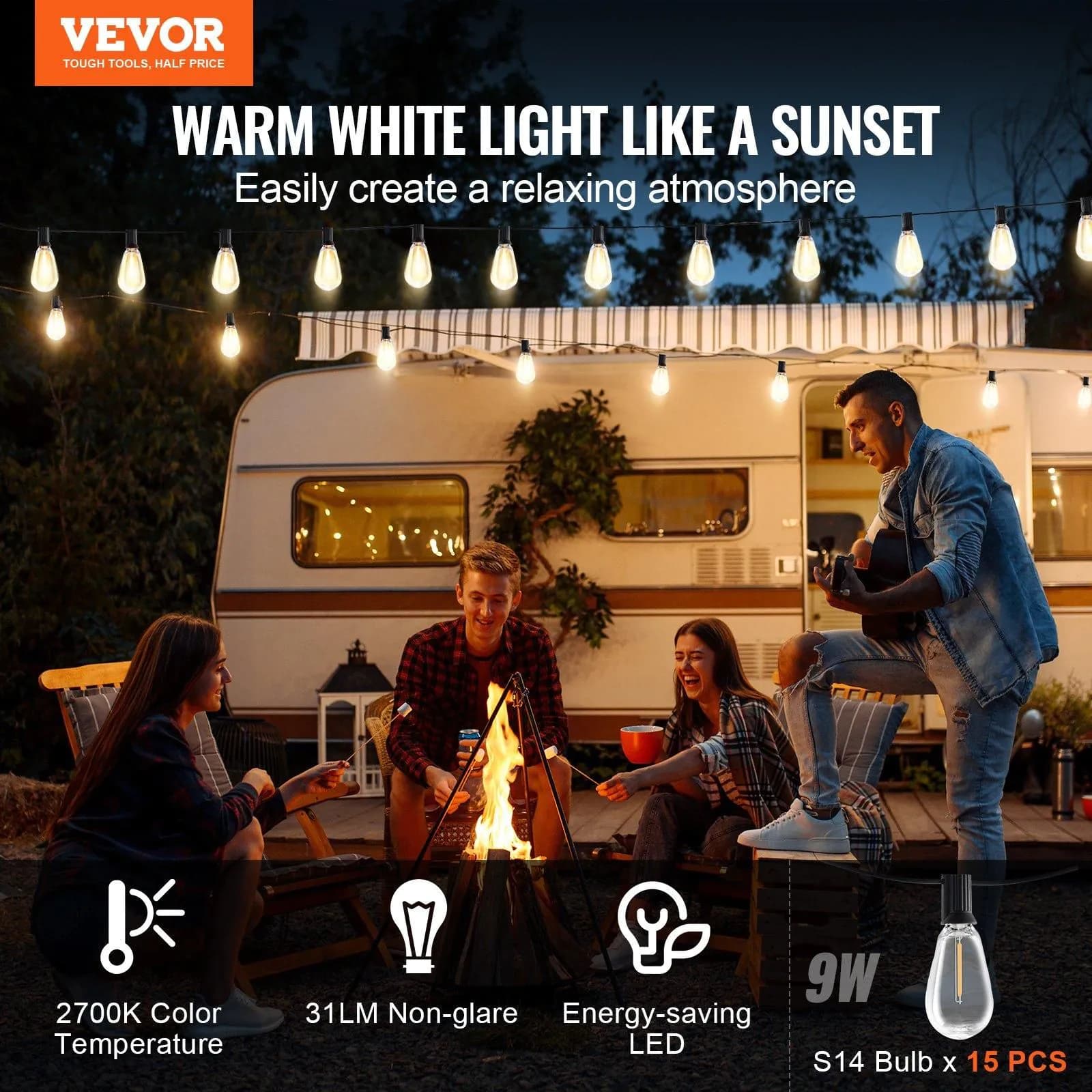 image-VEVOR LED Outdoor String Lights, 50FT, 2700K Dimmable Outside Patio Lights with 15 S14 Shatterproof Bulbs E12 Socket Base, Waterproof Hanging Lights for Porch Backyard Garden Balcony Deck Party Decor