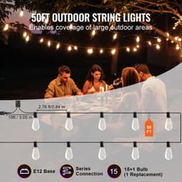 image-VEVOR LED Outdoor String Lights, 50FT, 2700K Dimmable Outside Patio Lights with 15 S14 Shatterproof Bulbs E12 Socket Base, Waterproof Hanging Lights for Porch Backyard Garden Balcony Deck Party Decor