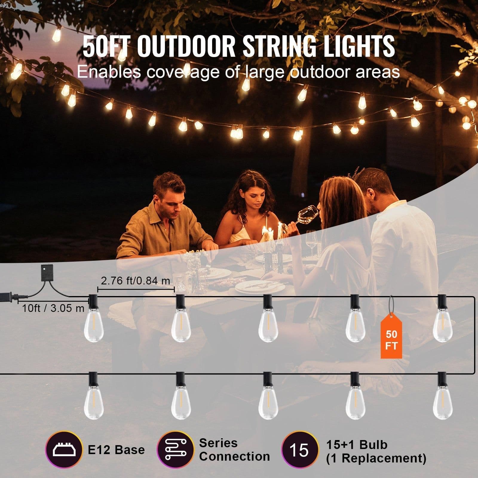 image-VEVOR LED Outdoor String Lights, 50FT, 2700K Dimmable Outside Patio Lights with 15 S14 Shatterproof Bulbs E12 Socket Base, Waterproof Hanging Lights for Porch Backyard Garden Balcony Deck Party Decor
