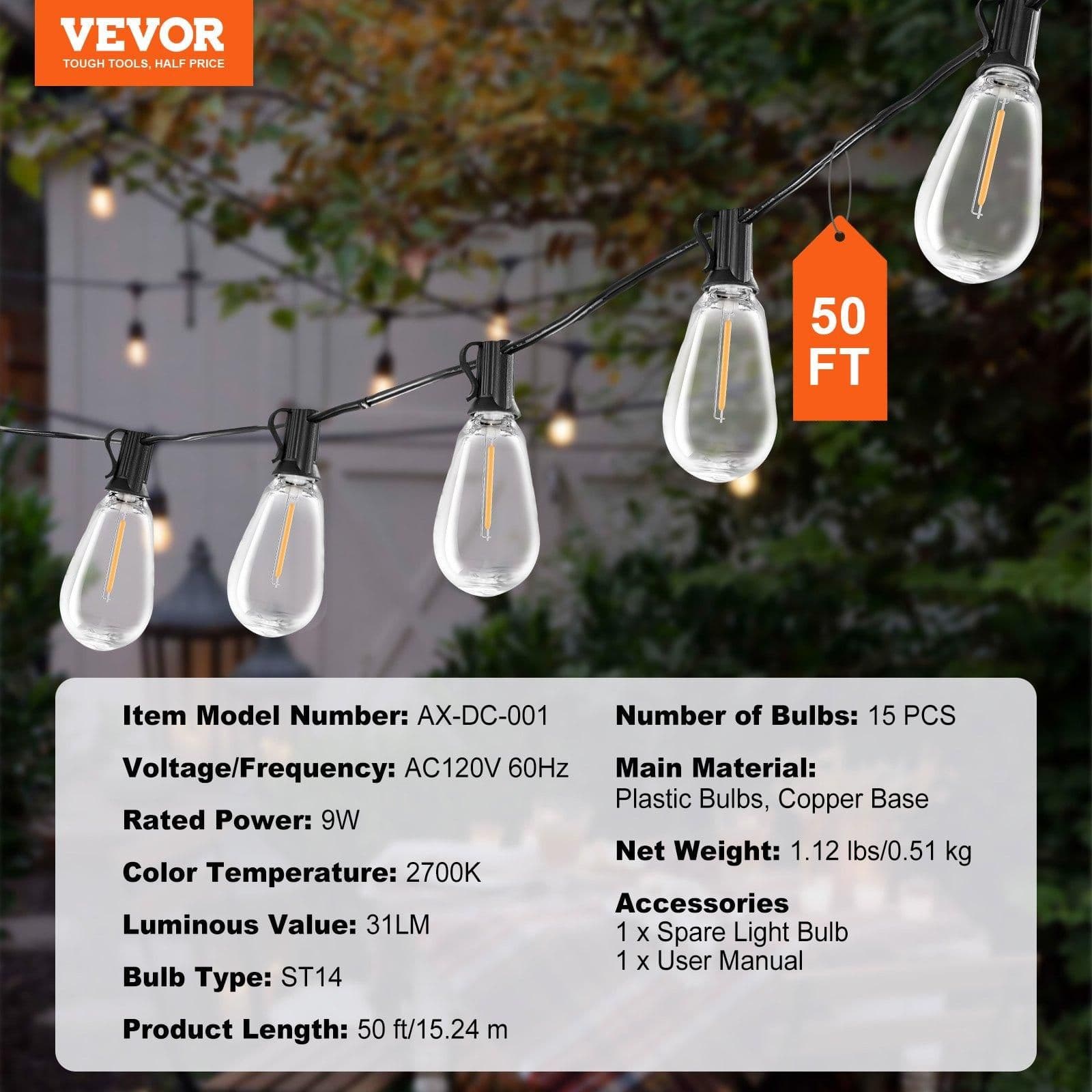 image-VEVOR LED Outdoor String Lights, 50FT, 2700K Dimmable Outside Patio Lights with 15 S14 Shatterproof Bulbs E12 Socket Base, Waterproof Hanging Lights for Porch Backyard Garden Balcony Deck Party Decor