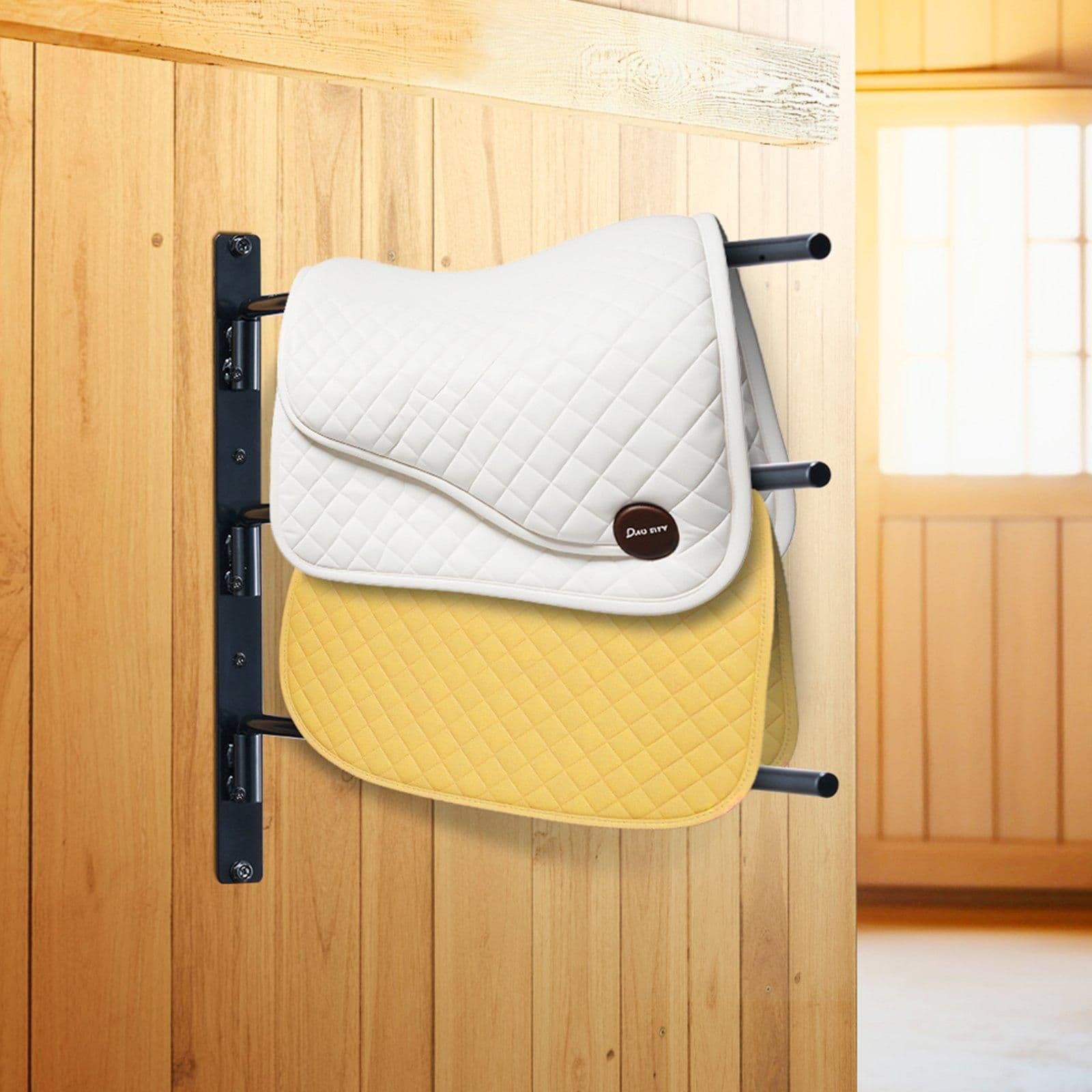image-VEVOR Wall Mounted Saddle Rack, 30.9 x 29.9 x 5.5 in, 2 Packs Swing Out Saddle Holder, Three Tiers Horse Saddle Stand, Space Saving Horse Pad and Blanket Rack for Tack Room Organization