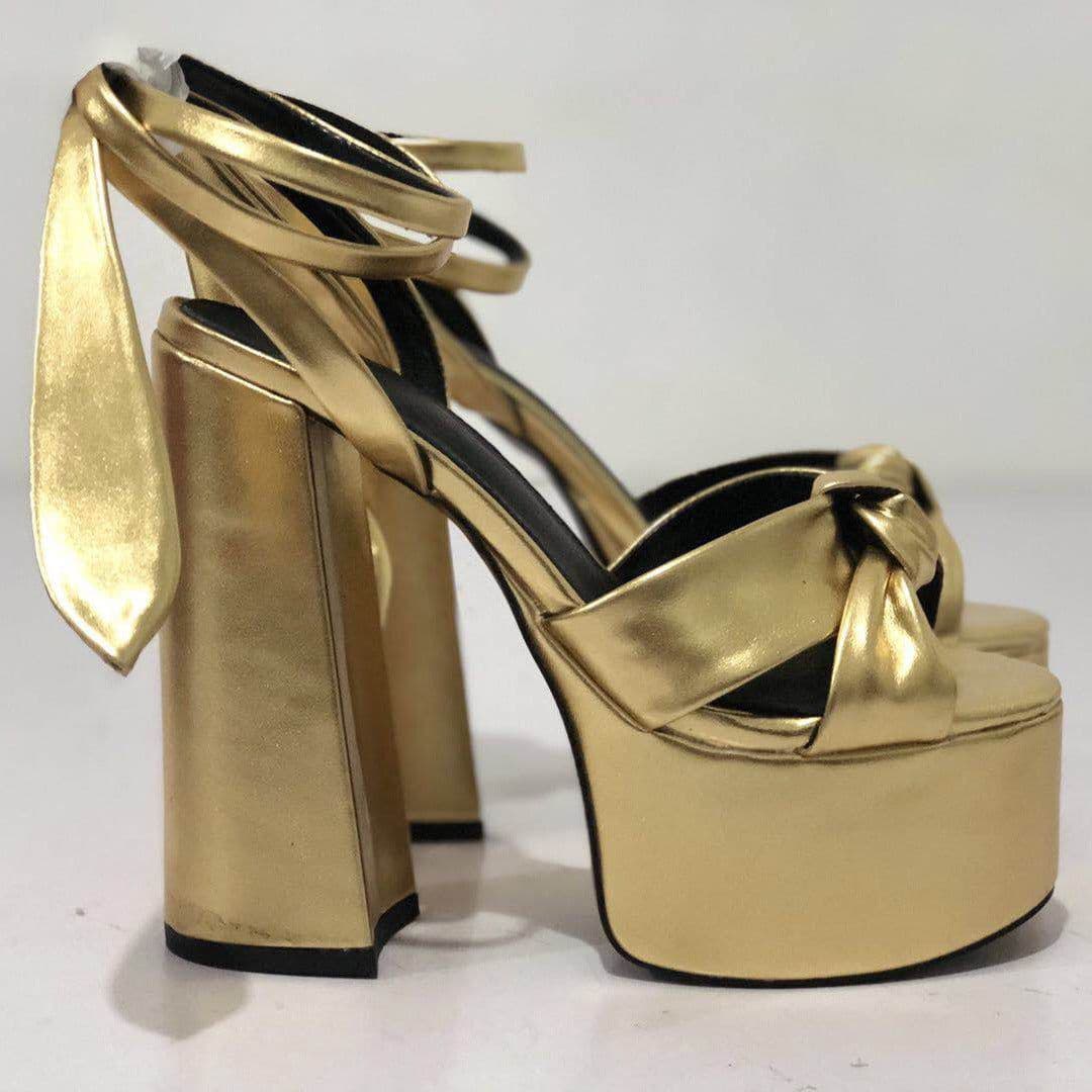 image-Summer new thick-heeled high-heeled shoes fish mouth golden sandals bow star shoes fashion large size women's shoes