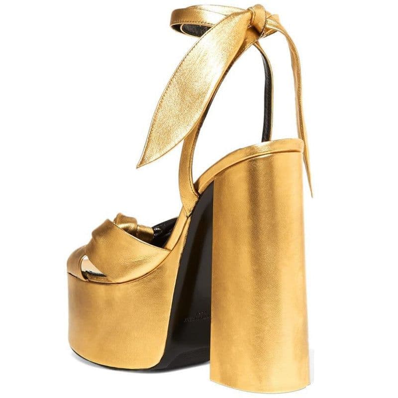 image-Summer new thick-heeled high-heeled shoes fish mouth golden sandals bow star shoes fashion large size women's shoes