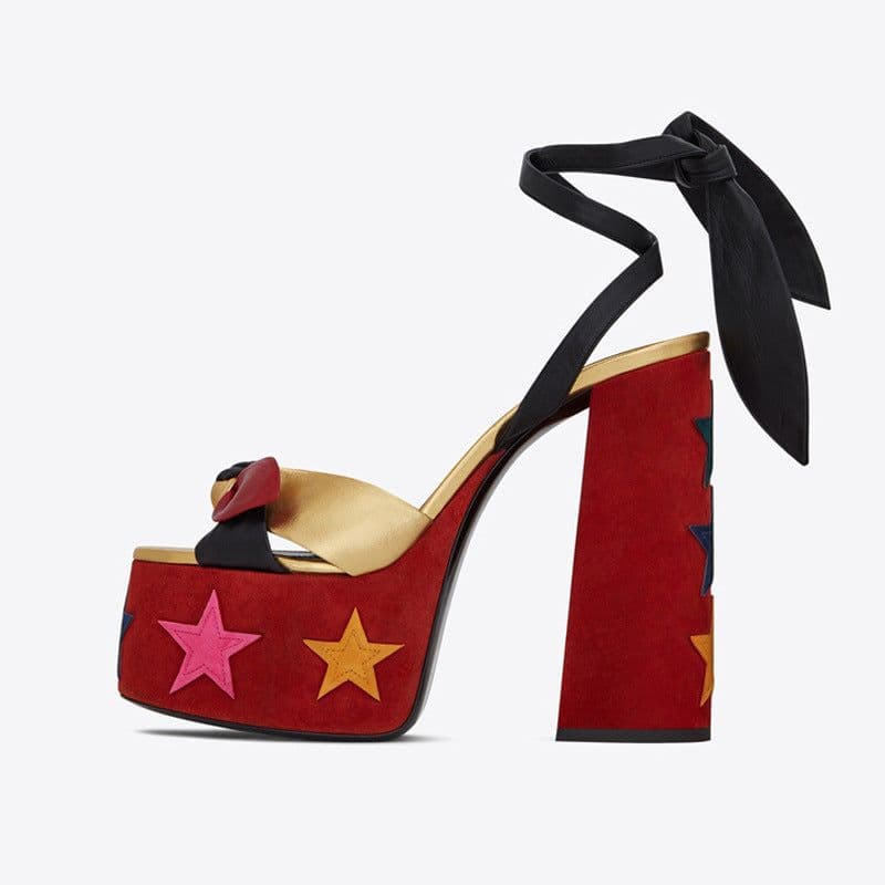 image-Summer new thick-heeled high-heeled shoes fish mouth golden sandals bow star shoes fashion large size women's shoes
