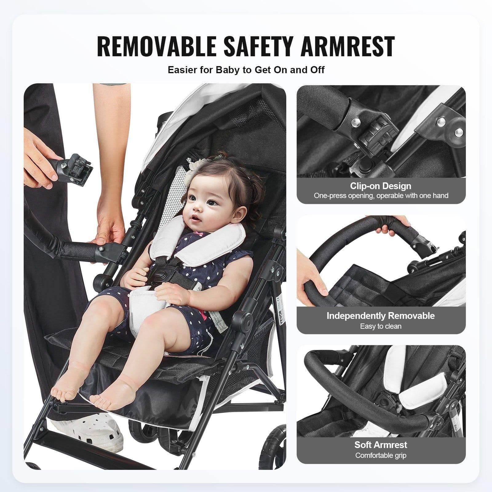 image-VEVOR Leichter Kinderwagen, kompakt, einfach zusammenklappbar, mit verstellbarer Rückenlehne, Rahmen aus Karbonstahl, großem Aufbewahrungskorb, Kinderwagen mit Schirm für Reisen und mehr, Schwarz/Weiß