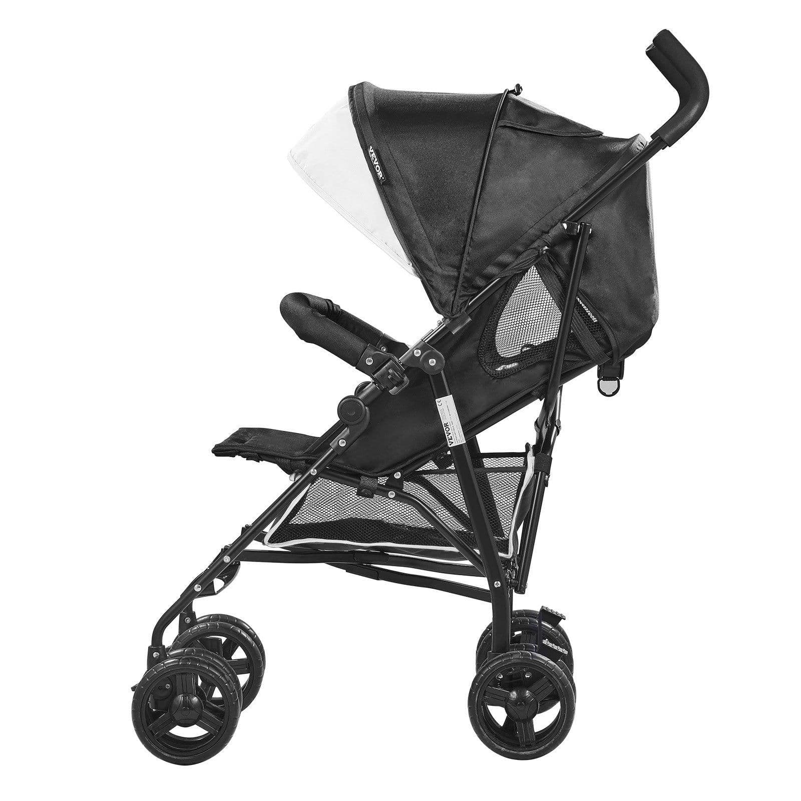 image-VEVOR Leichter Kinderwagen, kompakt, einfach zusammenklappbar, mit verstellbarer Rückenlehne, Rahmen aus Karbonstahl, großem Aufbewahrungskorb, Kinderwagen mit Schirm für Reisen und mehr, Schwarz/Weiß