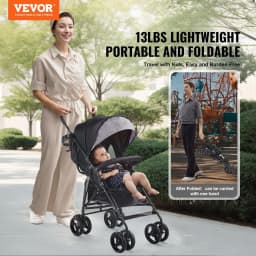image-VEVOR Leichter Kinderwagen, kompakt, einfach zusammenklappbar, mit verstellbarer Rückenlehne, Verdeck, Rahmen aus Karbonstahl, großer Aufbewahrungskorb, Getränkehalter, Kinderwagen mit Schirm für unterwegs, Hellgrau/Schwarz
