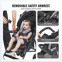 image-VEVOR Leichter Kinderwagen, kompakt, einfach zusammenklappbar, mit verstellbarer Rückenlehne, Verdeck, Rahmen aus Karbonstahl, großer Aufbewahrungskorb, Getränkehalter, Kinderwagen mit Schirm für unterwegs, Hellgrau/Schwarz