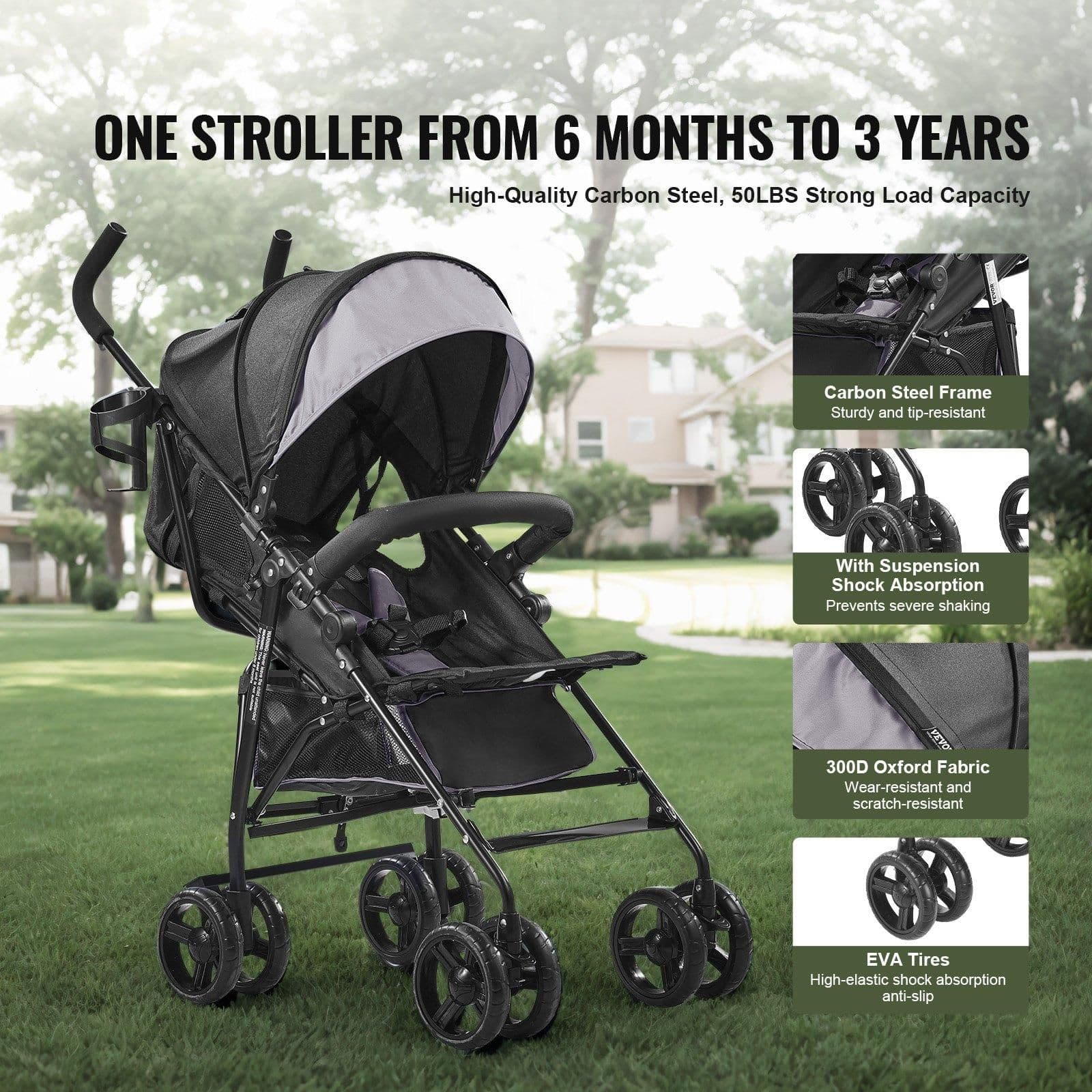 image-VEVOR Leichter Kinderwagen, kompakt, einfach zusammenklappbar, mit verstellbarer Rückenlehne, Verdeck, Rahmen aus Karbonstahl, großer Aufbewahrungskorb, Getränkehalter, Kinderwagen mit Schirm für unterwegs, Hellgrau/Schwarz