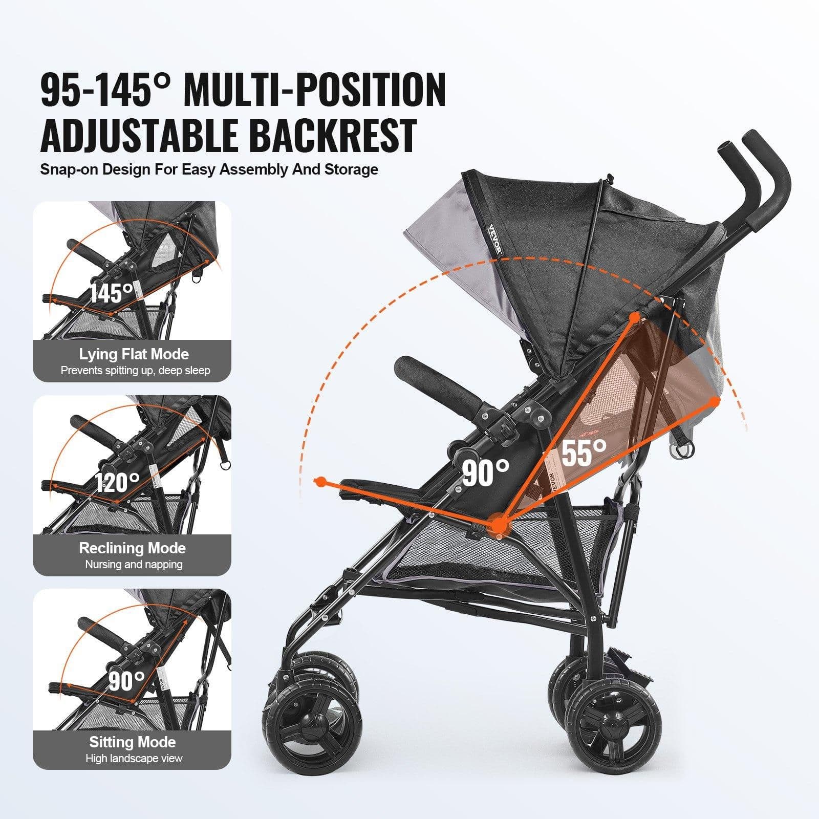 image-VEVOR Leichter Kinderwagen, kompakt, einfach zusammenklappbar, mit verstellbarer Rückenlehne, Verdeck, Rahmen aus Karbonstahl, großer Aufbewahrungskorb, Getränkehalter, Kinderwagen mit Schirm für unterwegs, Hellgrau/Schwarz