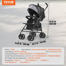 image-VEVOR Leichter Kinderwagen, kompakt, einfach zusammenklappbar, mit verstellbarer Rückenlehne, Verdeck, Rahmen aus Karbonstahl, großer Aufbewahrungskorb, Getränkehalter, Kinderwagen mit Schirm für unterwegs, Hellgrau/Schwarz