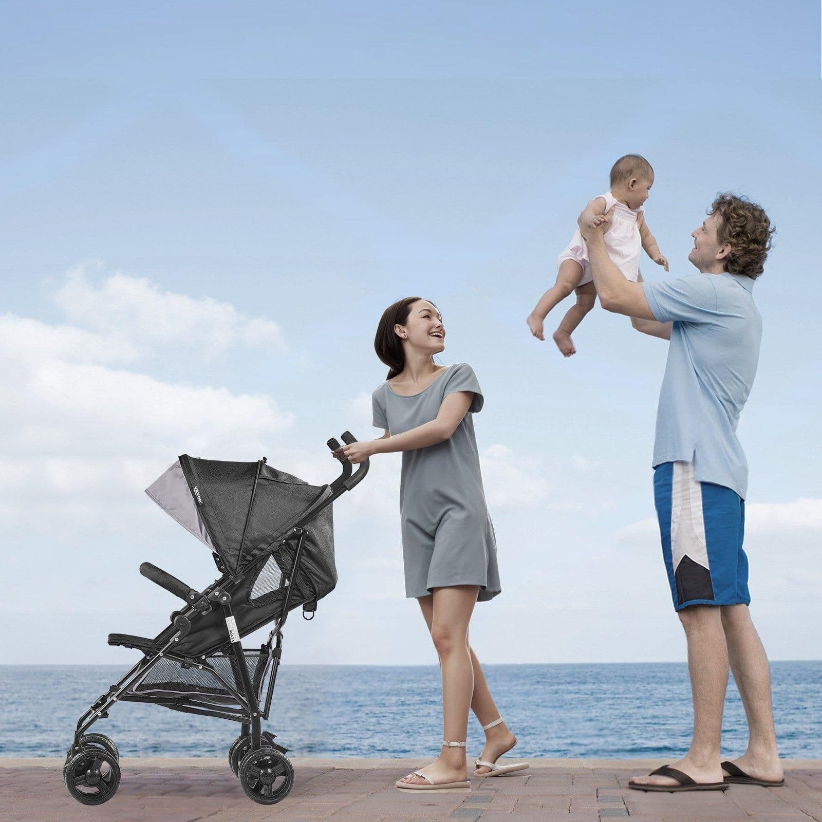 image-VEVOR Leichter Kinderwagen, kompakt, einfach zusammenklappbar, mit verstellbarer Rückenlehne, Verdeck, Rahmen aus Karbonstahl, großer Aufbewahrungskorb, Getränkehalter, Kinderwagen mit Schirm für unterwegs, Hellgrau/Schwarz
