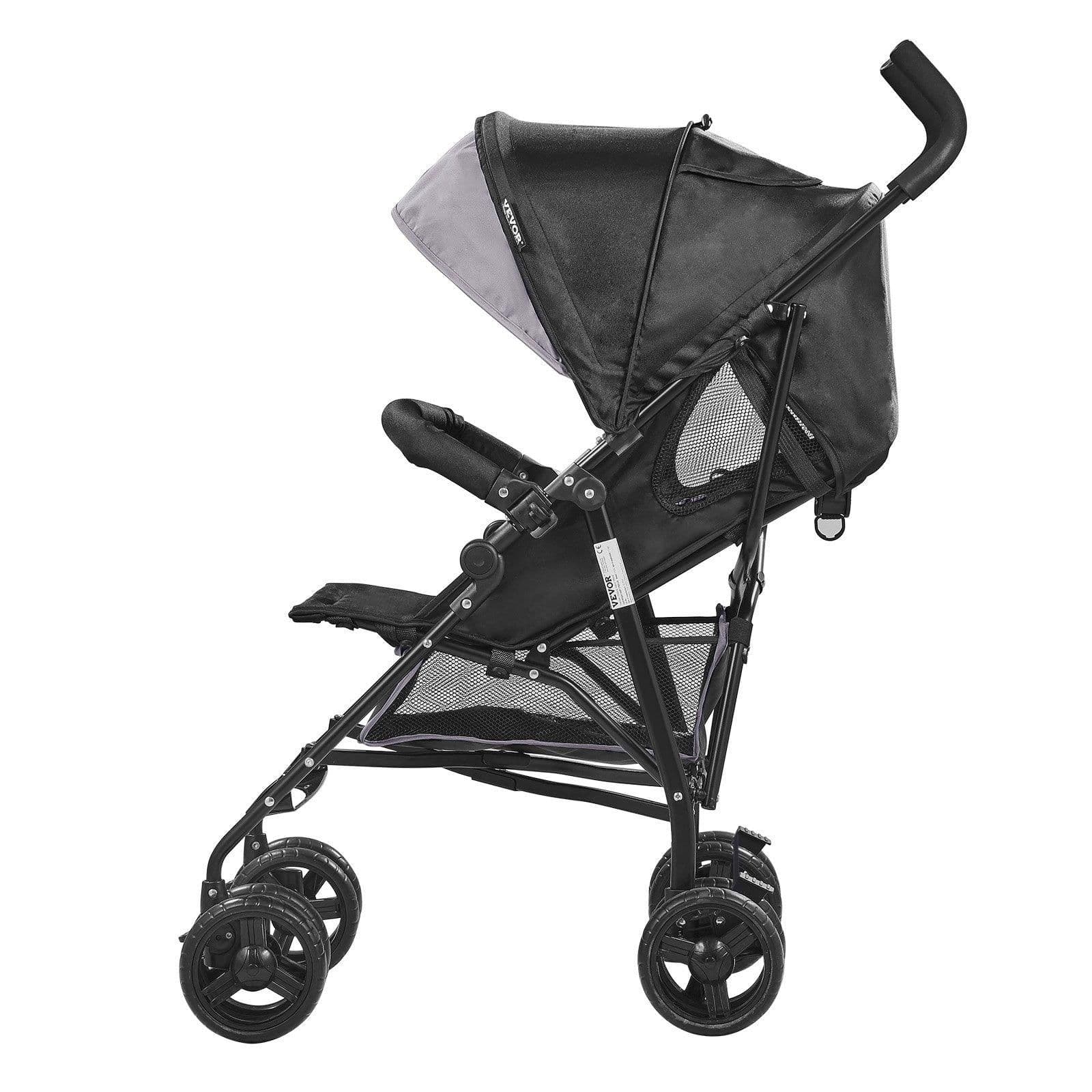image-VEVOR Leichter Kinderwagen, kompakt, einfach zusammenklappbar, mit verstellbarer Rückenlehne, Verdeck, Rahmen aus Karbonstahl, großer Aufbewahrungskorb, Getränkehalter, Kinderwagen mit Schirm für unterwegs, Hellgrau/Schwarz