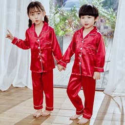 image-Autumn children's pajamas simulation silk long-sleeved trousers suit boys and girls middle-aged children's thin air-conditioning clothing home service
