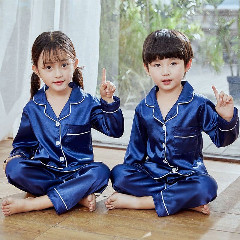 image-Autumn children's pajamas simulation silk long-sleeved trousers suit boys and girls middle-aged children's thin air-conditioning clothing home service