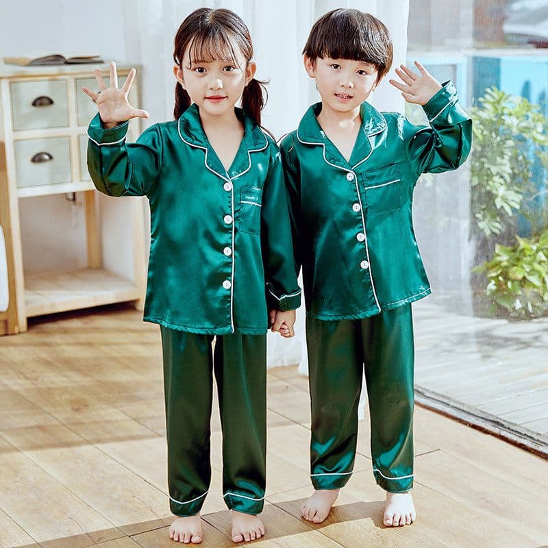 image-Autumn children's pajamas simulation silk long-sleeved trousers suit boys and girls middle-aged children's thin air-conditioning clothing home service