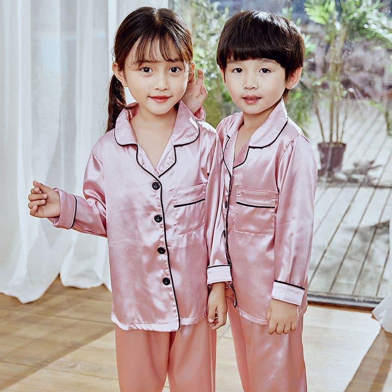 image-Autumn children's pajamas simulation silk long-sleeved trousers suit boys and girls middle-aged children's thin air-conditioning clothing home service