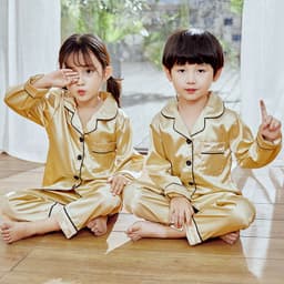 image-Autumn children's pajamas simulation silk long-sleeved trousers suit boys and girls middle-aged children's thin air-conditioning clothing home service