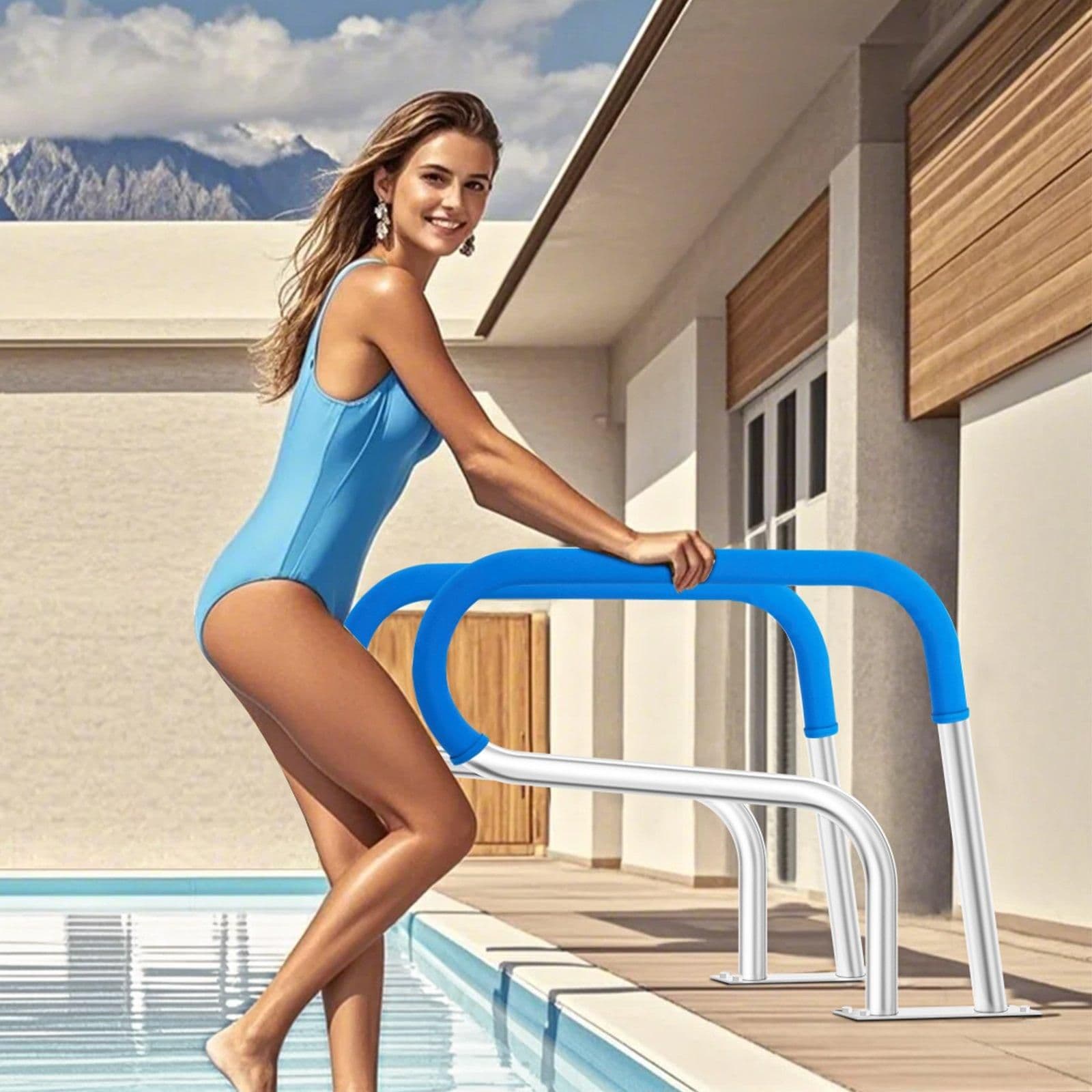 image-VEVOR Pool Handrail, 32 x 23 inch Pool Railing, Stainless Steel with Base Plate for Indoor/Outdoor Pools,Swimming Pool Safety Railing for Decks,Rust-Proof Grab Bar w/ Grip Cover&Accessories for Spas
