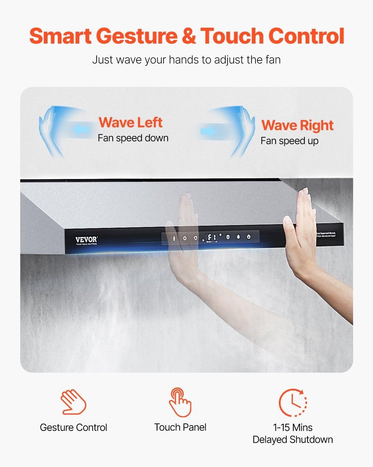 image-VEVOR Under Cabinet Range Hood, 36 Inch Kitchen Vent Hood, 900CFM Dual Motors Stainless Steel Stove Hood, with Gesture & Touch Control, LED Light, and 4-Speed Exhaust Fan