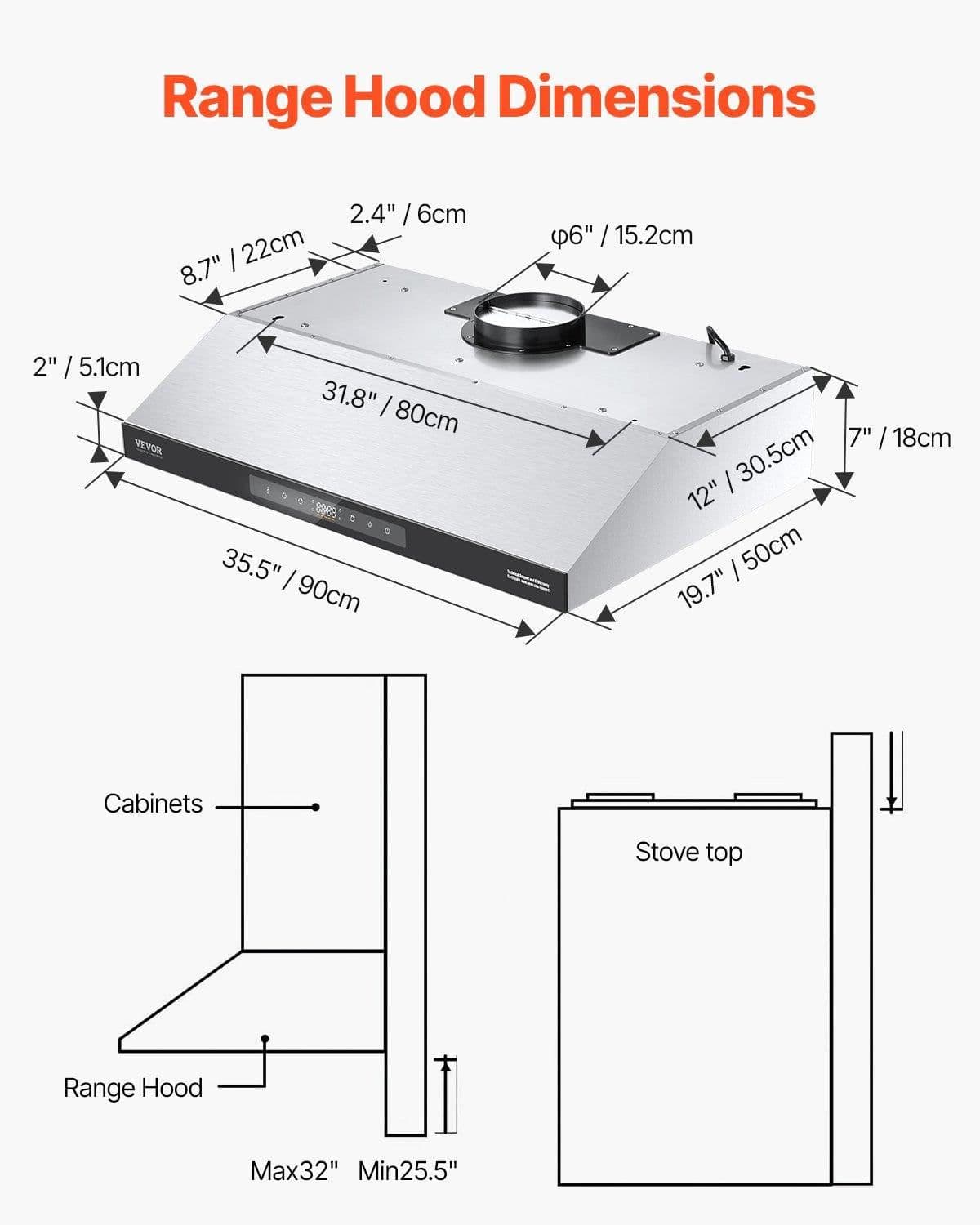 image-VEVOR Under Cabinet Range Hood, 36 Inch Kitchen Vent Hood, 900CFM Dual Motors Stainless Steel Stove Hood, with Gesture & Touch Control, LED Light, and 4-Speed Exhaust Fan