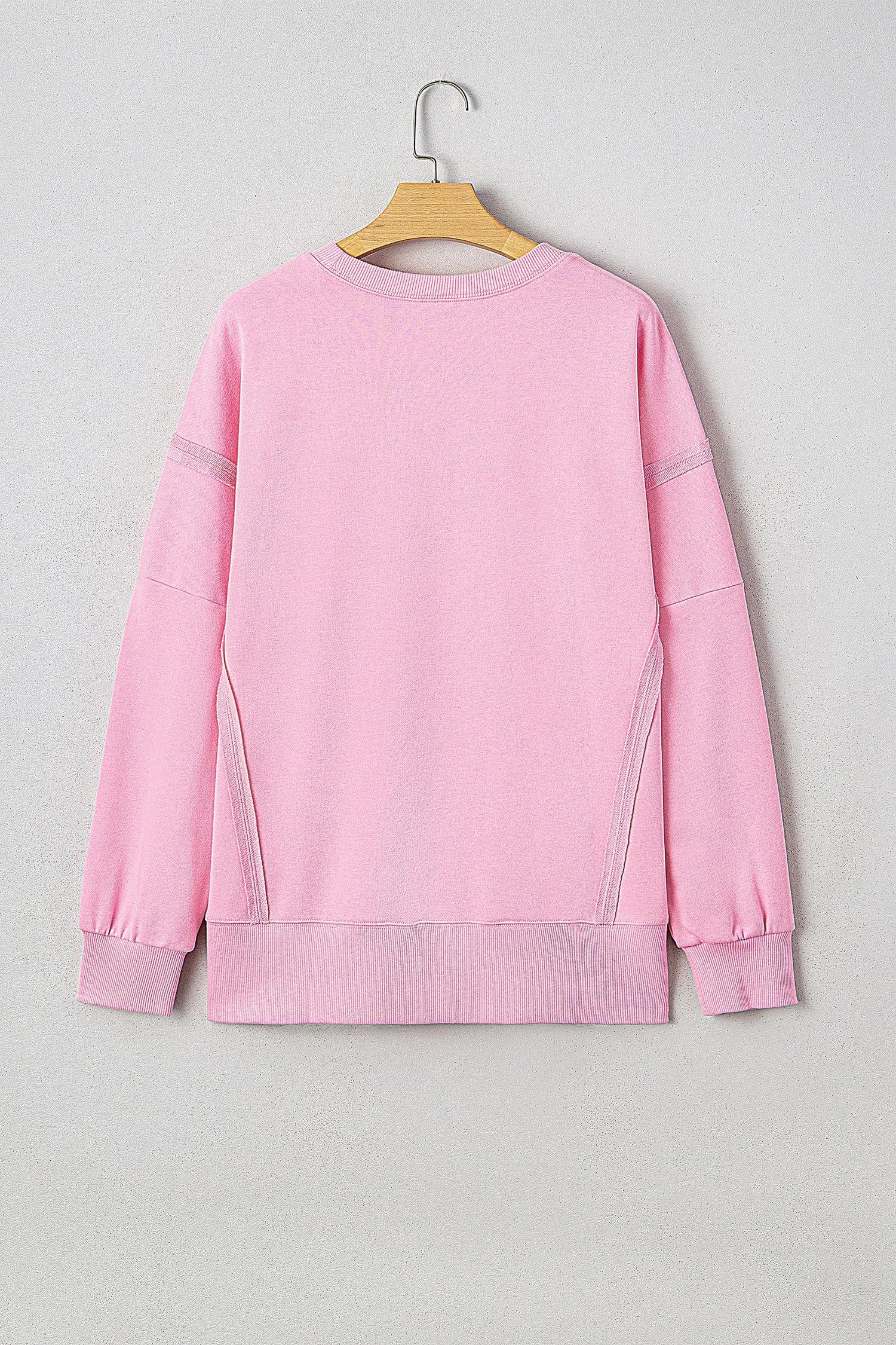 image-Pink Bow Sequin XOXO Letter Graphic Exposed Seam Baggy Sweatshirt