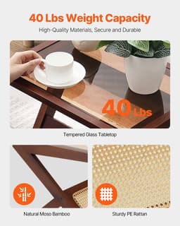 image-VEVOR Rattan Coffee Table, Z-Shaped Rattan Woven Bamboo Coffee Table with Tempered Glass Top, 20” Modern Boho Storage Coffee Table with Natural Bamboo Legs, for Living Room, Bedroom & Small Spaces