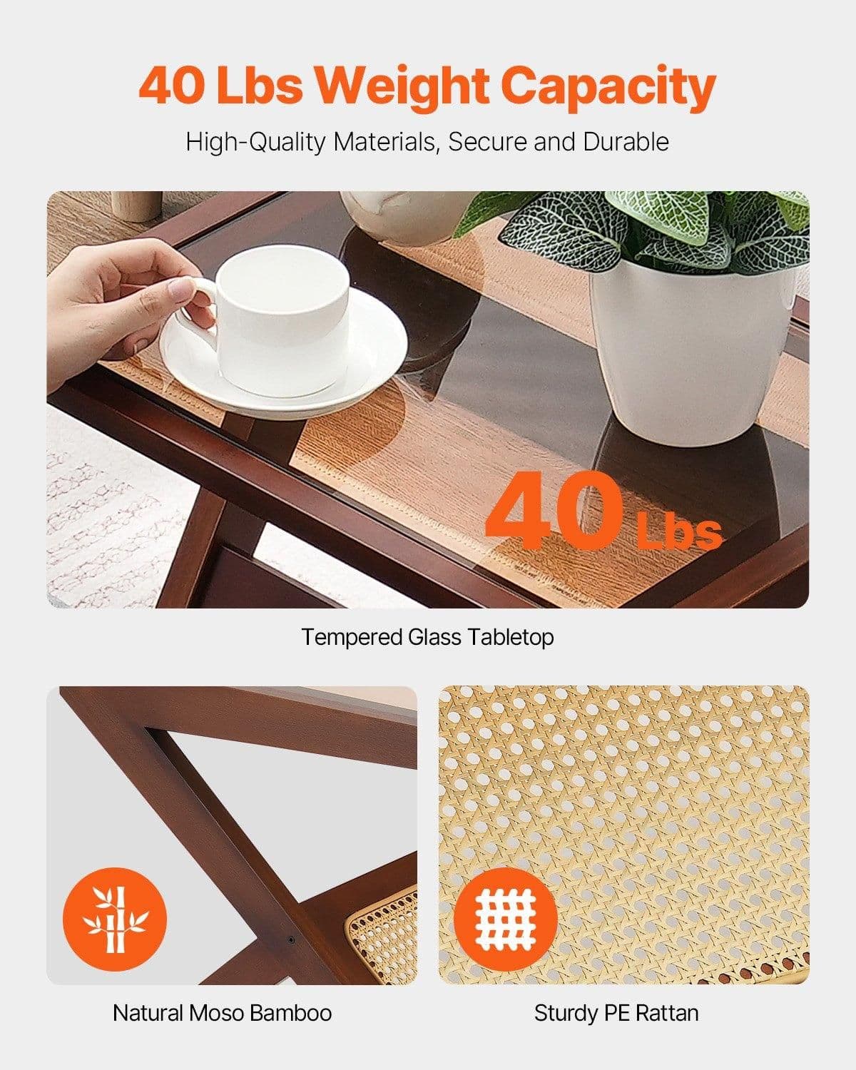 image-VEVOR Rattan Coffee Table, Z-Shaped Rattan Woven Bamboo Coffee Table with Tempered Glass Top, 20” Modern Boho Storage Coffee Table with Natural Bamboo Legs, for Living Room, Bedroom & Small Spaces