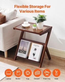 image-VEVOR Rattan Coffee Table, Z-Shaped Rattan Woven Bamboo Coffee Table with Tempered Glass Top, 20” Modern Boho Storage Coffee Table with Natural Bamboo Legs, for Living Room, Bedroom & Small Spaces