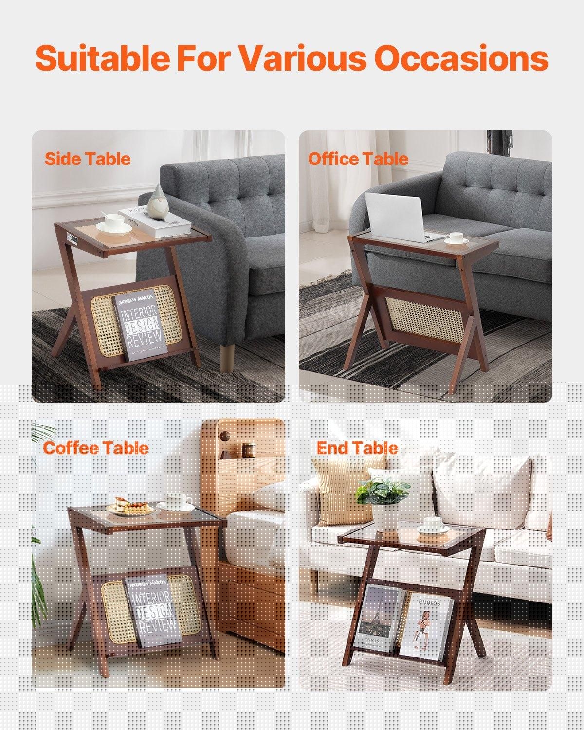image-VEVOR Rattan Coffee Table, Z-Shaped Rattan Woven Bamboo Coffee Table with Tempered Glass Top, 20” Modern Boho Storage Coffee Table with Natural Bamboo Legs, for Living Room, Bedroom & Small Spaces