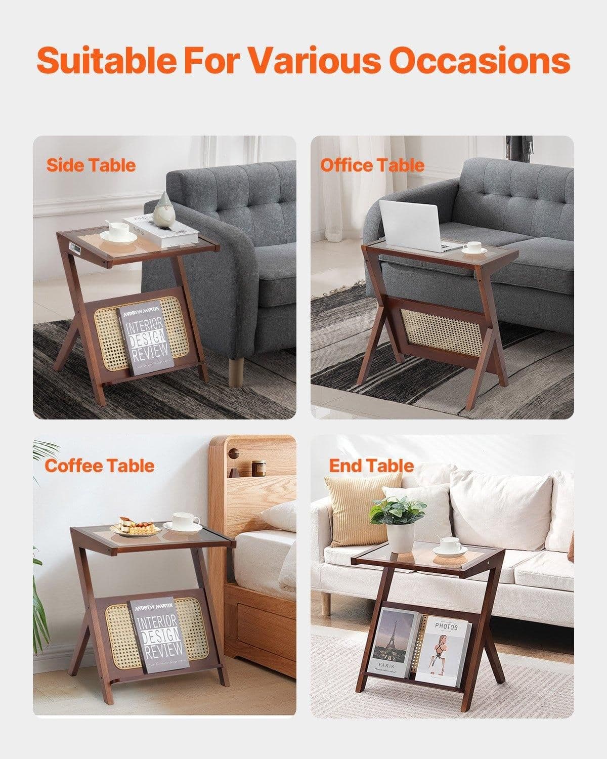 image-VEVOR Rattan Coffee Table, Z-Shaped Rattan Woven Bamboo Coffee Table with Tempered Glass Top, 20” Modern Boho Storage Coffee Table with Natural Bamboo Legs, for Living Room, Bedroom & Small Spaces