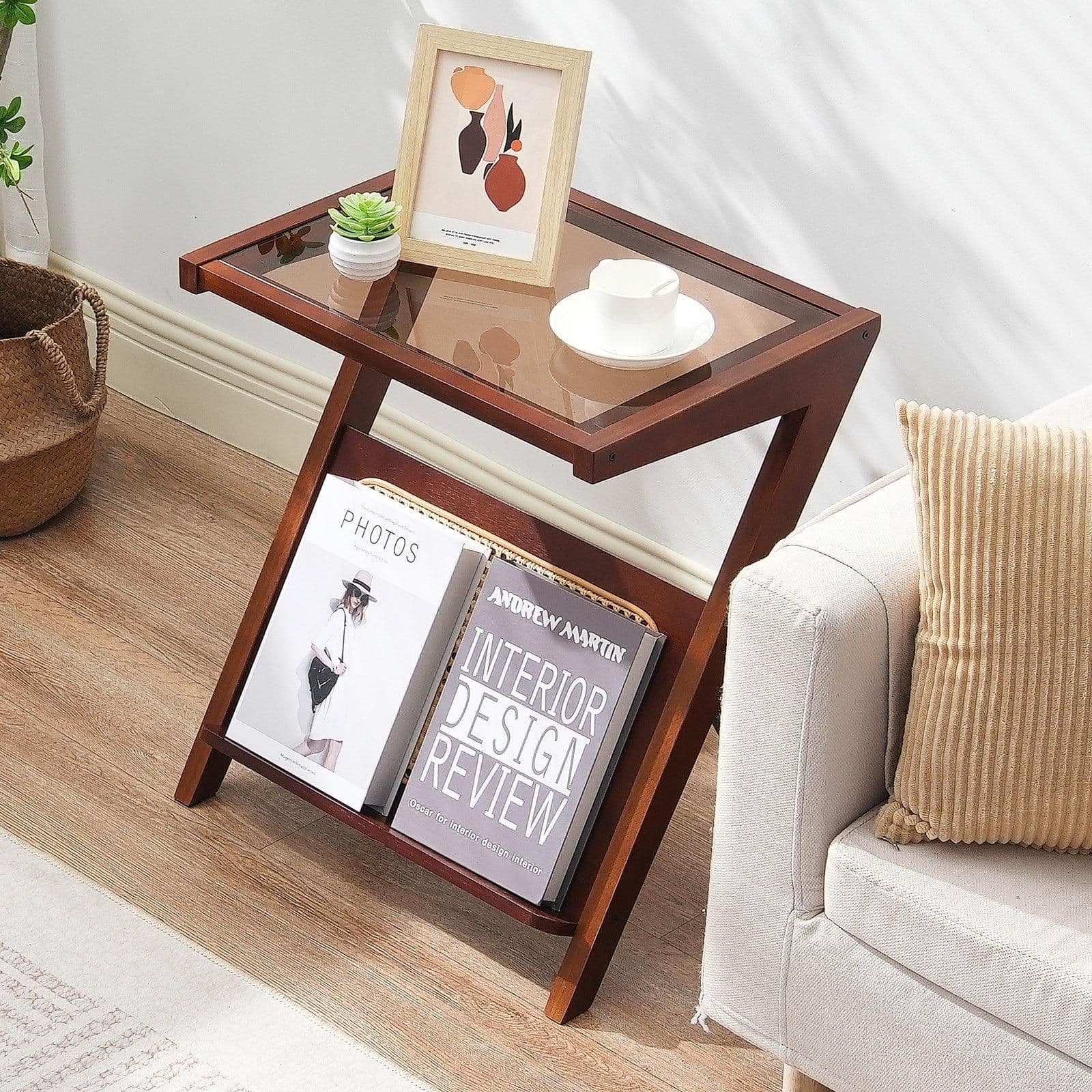 image-VEVOR Rattan Coffee Table, Z-Shaped Rattan Woven Bamboo Coffee Table with Tempered Glass Top, 20” Modern Boho Storage Coffee Table with Natural Bamboo Legs, for Living Room, Bedroom & Small Spaces