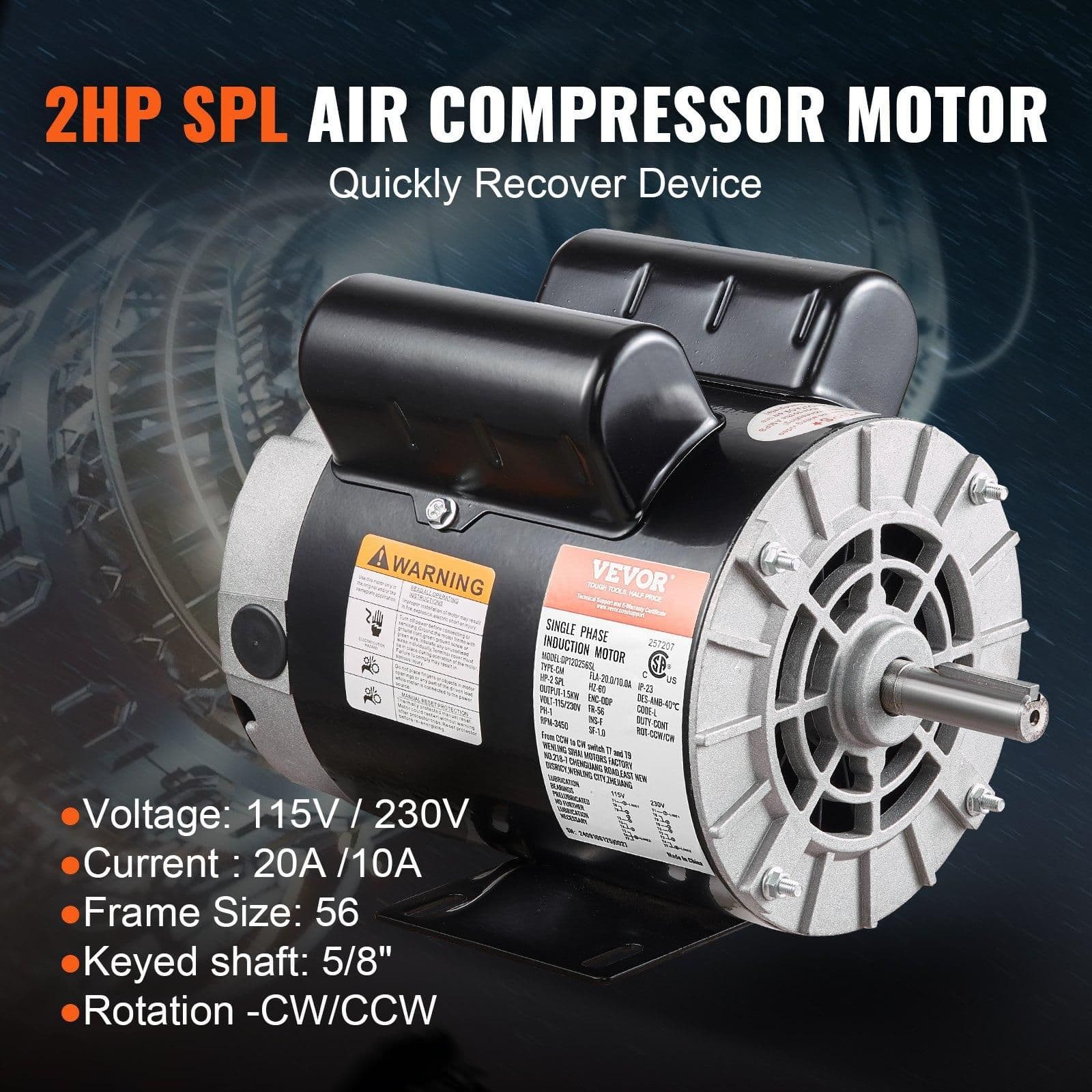 image-VEVOR 2HP SPL Air Compressor Electric Motor, 115/230V, 20/10 Amps, 56 Frame 3450RPM, 5/8" Keyed Shaft, 1.88" Shaft Length, Single Phase, CCW/CW (Factory Setting is CCW)