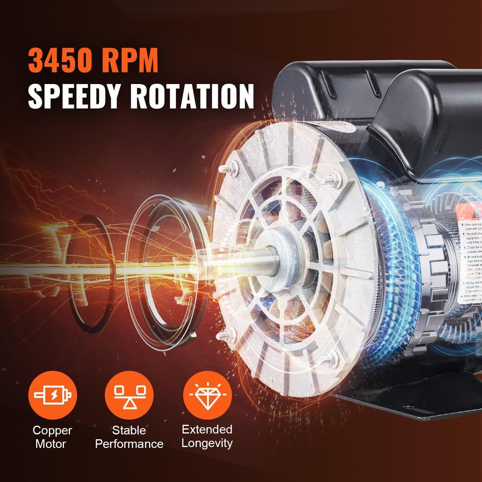 image-VEVOR 2HP SPL Air Compressor Electric Motor, 115/230V, 20/10 Amps, 56 Frame 3450RPM, 5/8" Keyed Shaft, 1.88" Shaft Length, Single Phase, CCW/CW (Factory Setting is CCW)
