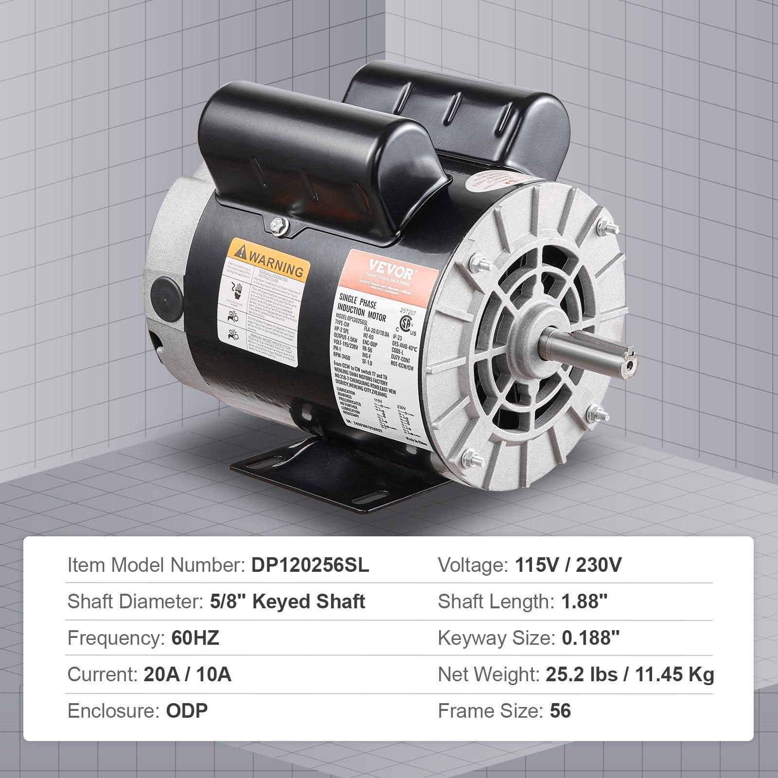 image-VEVOR 2HP SPL Air Compressor Electric Motor, 115/230V, 20/10 Amps, 56 Frame 3450RPM, 5/8" Keyed Shaft, 1.88" Shaft Length, Single Phase, CCW/CW (Factory Setting is CCW)