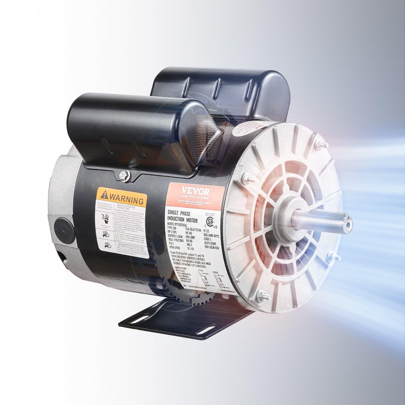 image-VEVOR 2HP SPL Air Compressor Electric Motor, 115/230V, 20/10 Amps, 56 Frame 3450RPM, 5/8" Keyed Shaft, 1.88" Shaft Length, Single Phase, CCW/CW (Factory Setting is CCW)