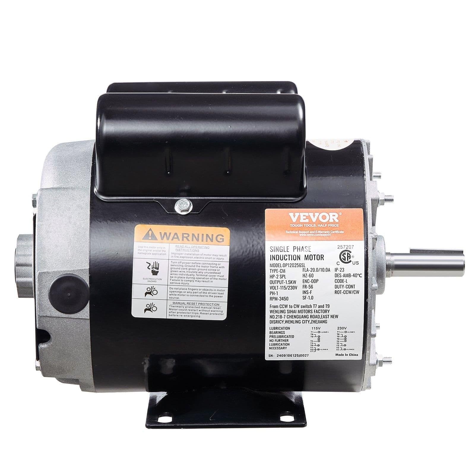 image-VEVOR 2HP SPL Air Compressor Electric Motor, 115/230V, 20/10 Amps, 56 Frame 3450RPM, 5/8" Keyed Shaft, 1.88" Shaft Length, Single Phase, CCW/CW (Factory Setting is CCW)