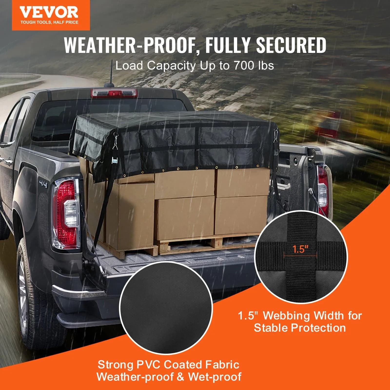 image-VEVOR Cargo Net, 96 in x 81 in, Heavy Duty Truck Cargo Net for Truck Bed, 4 Adjustable Straps with Carabiners and Rubber Coated Hooks, Durable, Suitable for Pickup, Jeep, Truck, SUV, Boat (Black)