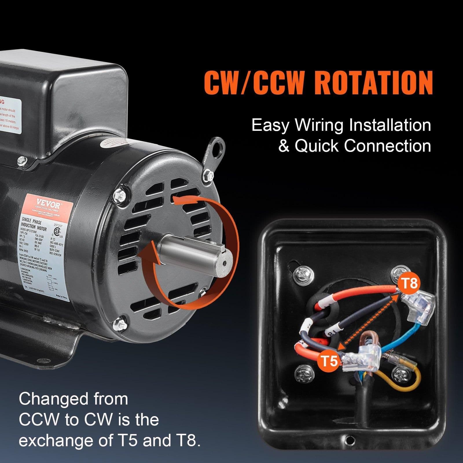 image-VEVOR 7.5HP Air Compressor Motor, 230V 31.6 Amps Electric Motor, 3450RPM 184T Frame, 1-1/8" Keyed Shaft, 2.75" Shaft Length for Air Compressors, Single Phase, CCW/CCW (Factory Setting is CCW)