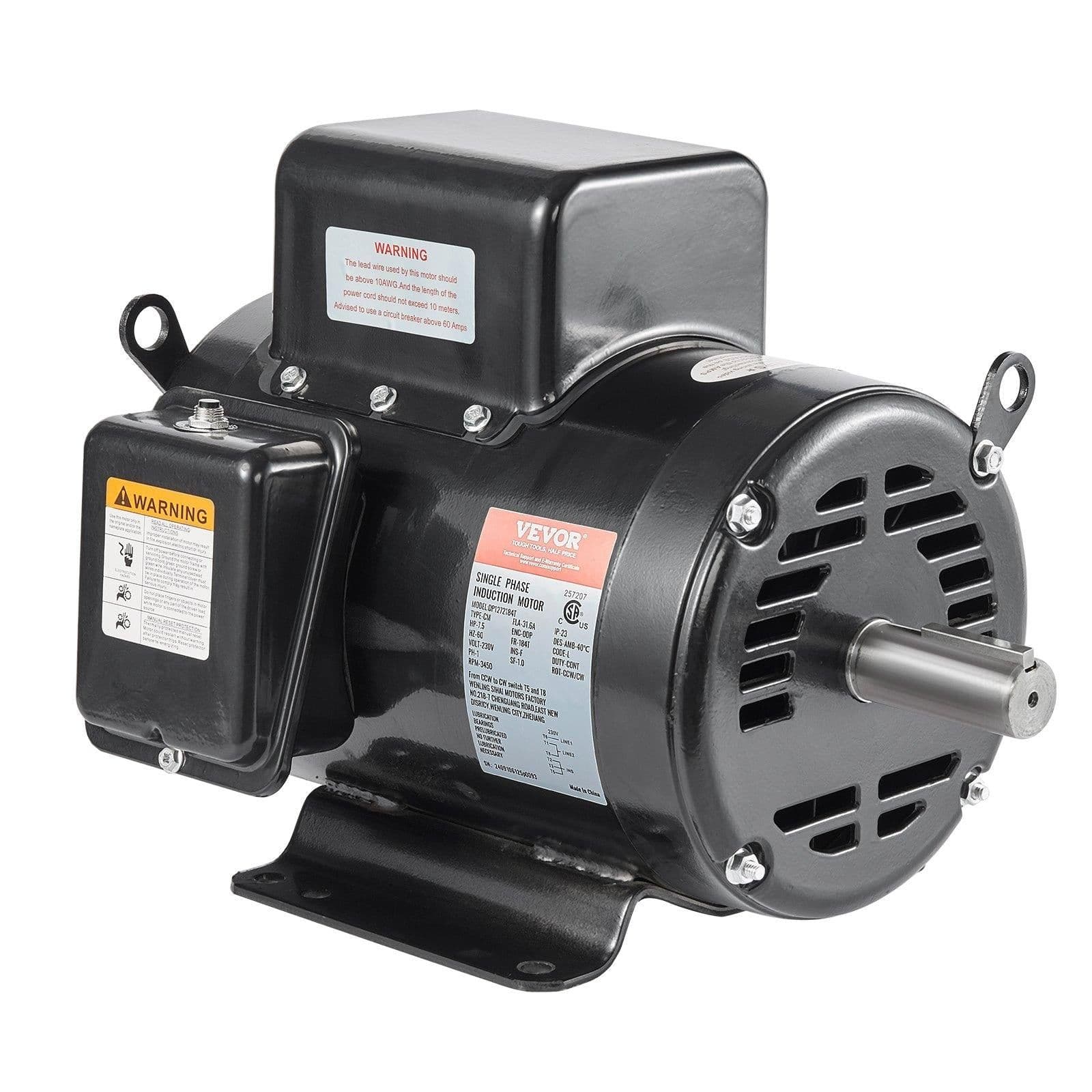 image-VEVOR 7.5HP Air Compressor Motor, 230V 31.6 Amps Electric Motor, 3450RPM 184T Frame, 1-1/8" Keyed Shaft, 2.75" Shaft Length for Air Compressors, Single Phase, CCW/CCW (Factory Setting is CCW)