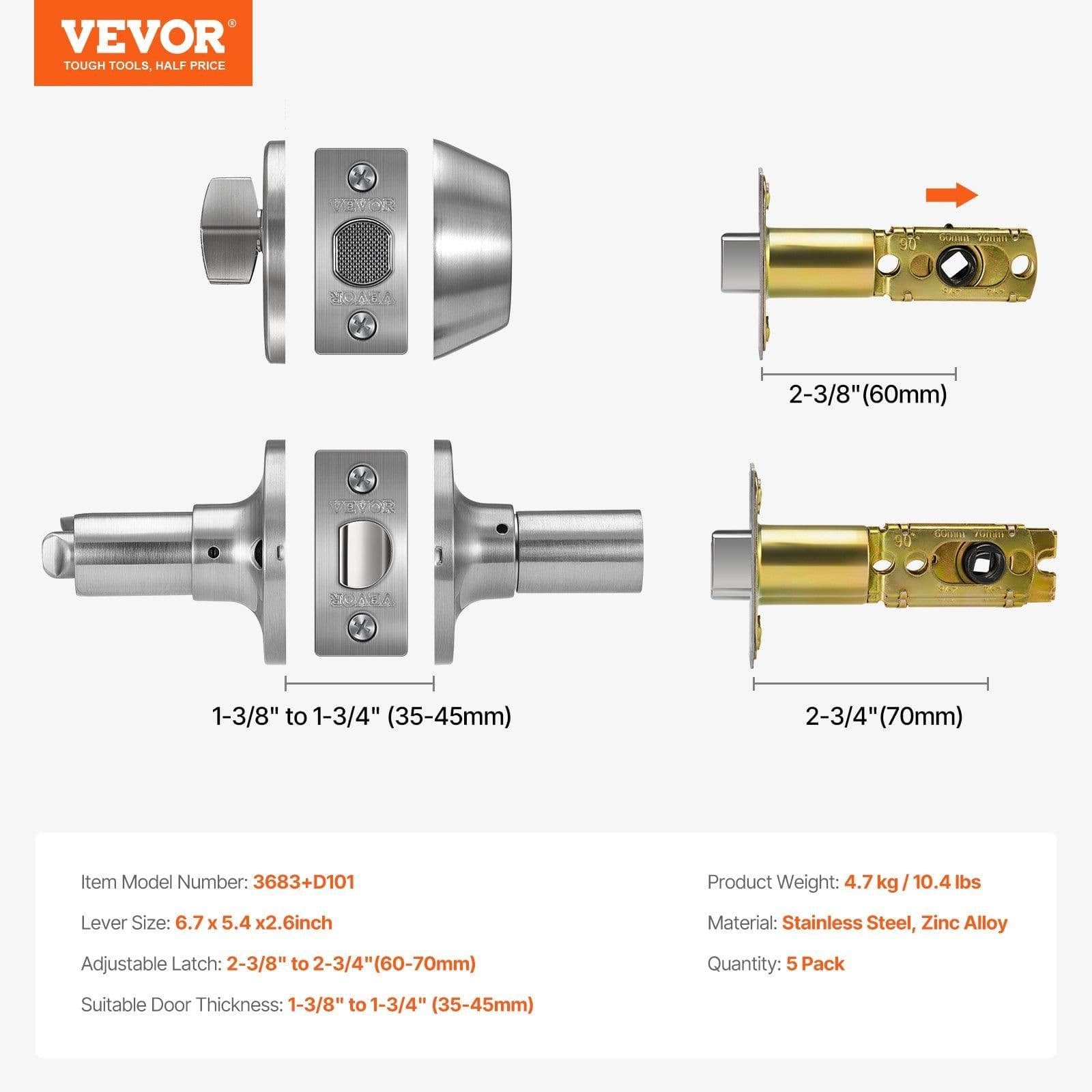 image-VEVOR Entry Door Locksets with Deadbolt, 5 Pack Satin Nickel Entry Lever and Single Cylinder Deadbolt, Keyed Alike Combo Pack, Fit for 1-3/8" to 1-3/4" Door Thickness, for Entrance and Front Door