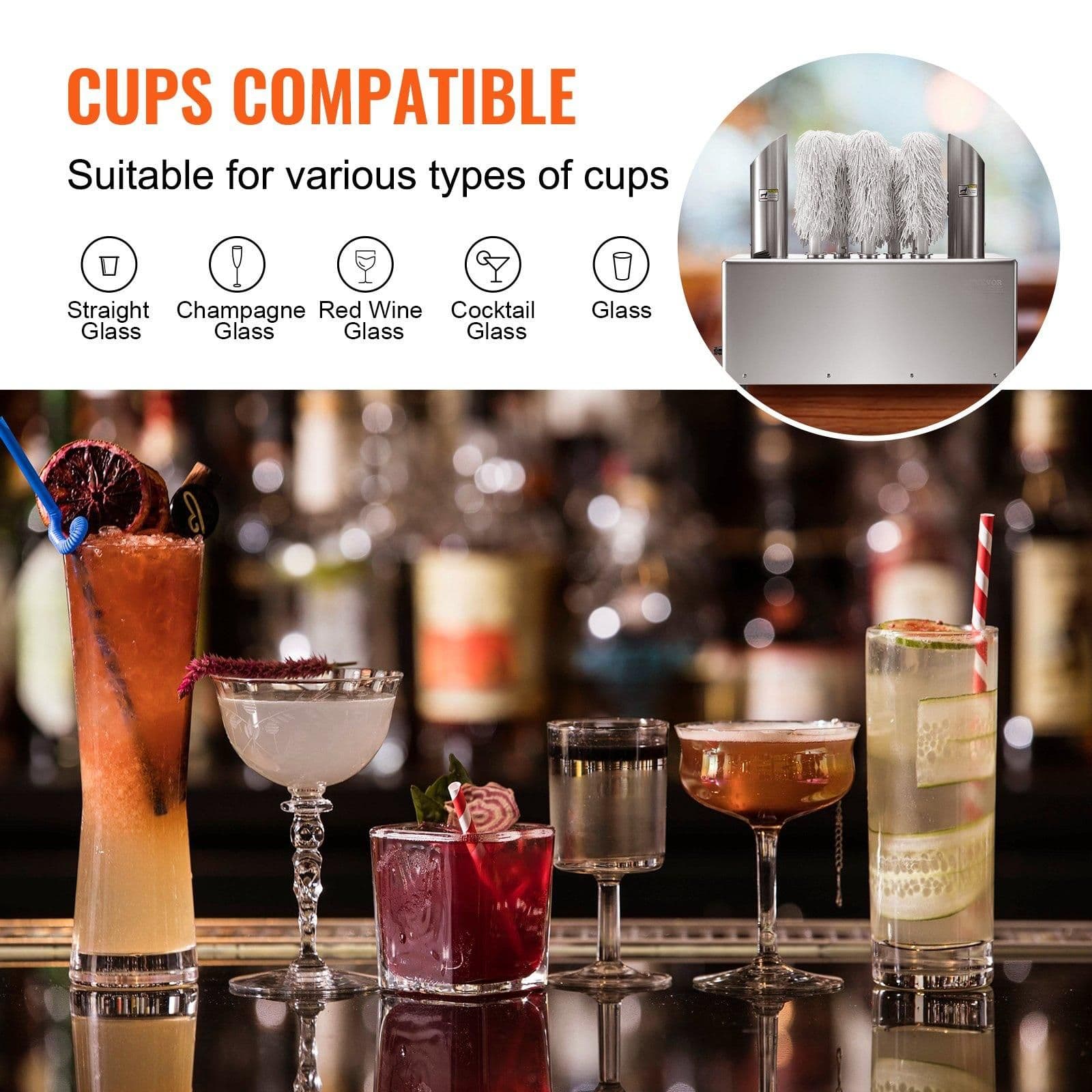 image-VEVOR Wine Glass Polisher Machine, 8-Brush Glass Polishing Machine, 660 Cups/Hour Electric Commercial Glass Polisher for Champagne Glasses, Beer Cups, Mugs, Perfect for Bar Restaurant Kitchen