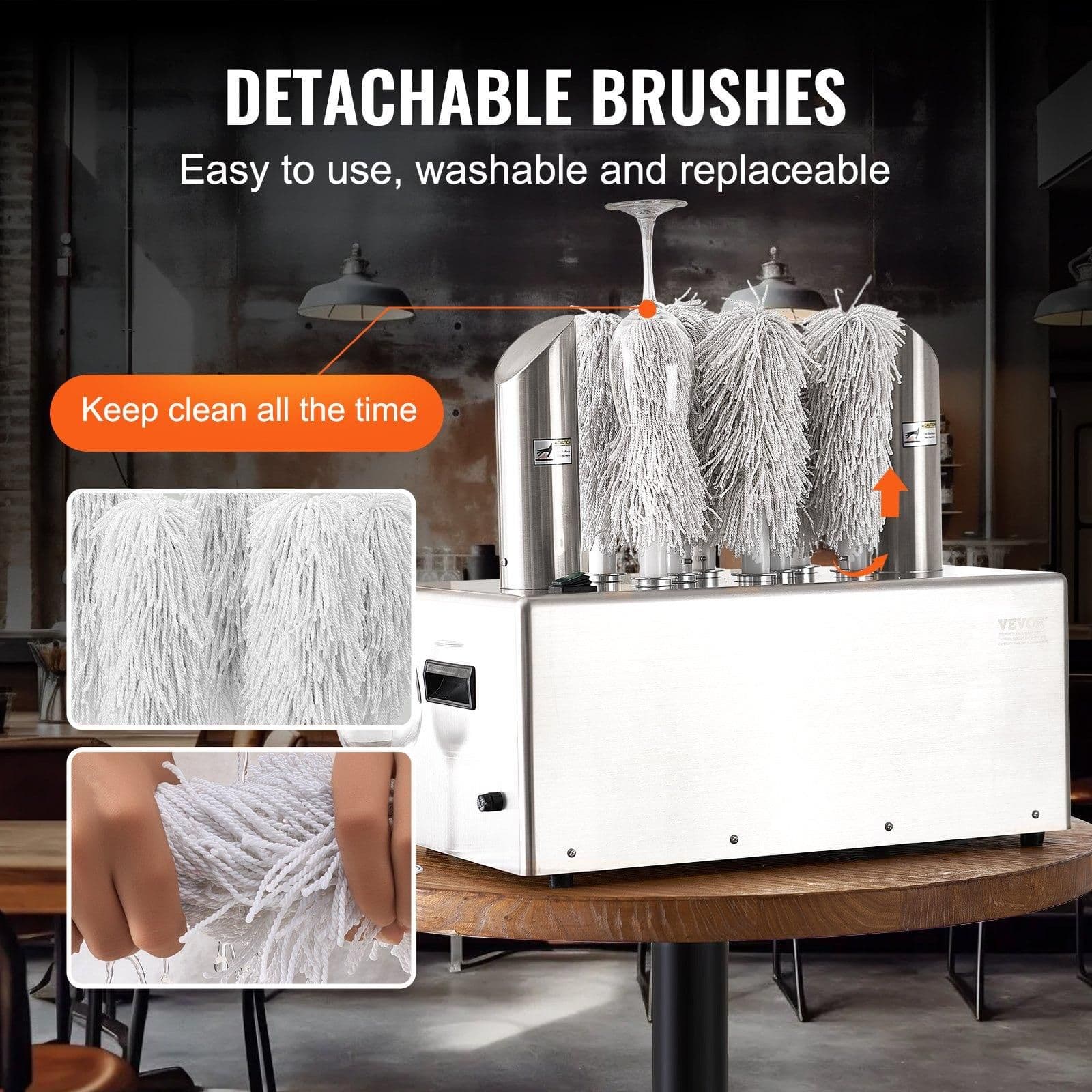 image-VEVOR Wine Glass Polisher Machine, 8-Brush Glass Polishing Machine, 660 Cups/Hour Electric Commercial Glass Polisher for Champagne Glasses, Beer Cups, Mugs, Perfect for Bar Restaurant Kitchen