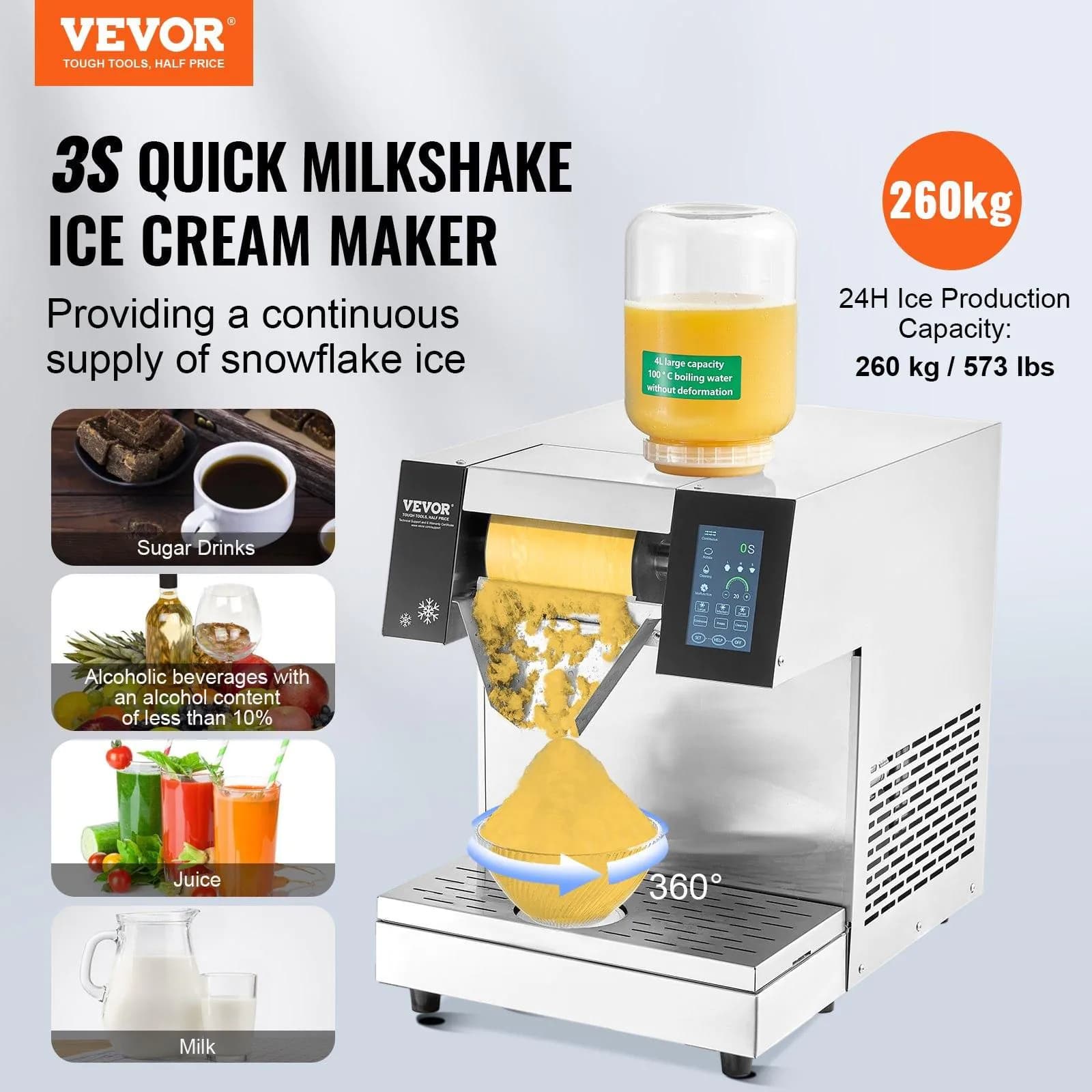 image-VEVOR Commercial Snowflake Ice Machine, 573LBS/24H Snowflake Ice Maker, Stainless Steel Ice Shaver Machine, Electric Snow Cone Maker, Air Cooling System for Rapid Heat Dissipation, for Bakery, Cafe