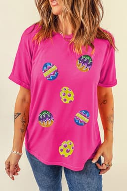 image-Rose Red Easter Egg Patched Crew Neck Graphic Tee